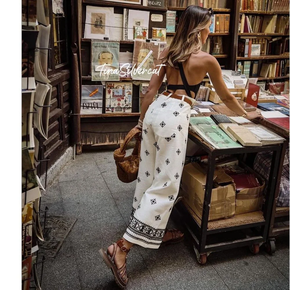 Zara Linen Blend Printed Pants White Black Sz XL NWT - Picture 2 of 16